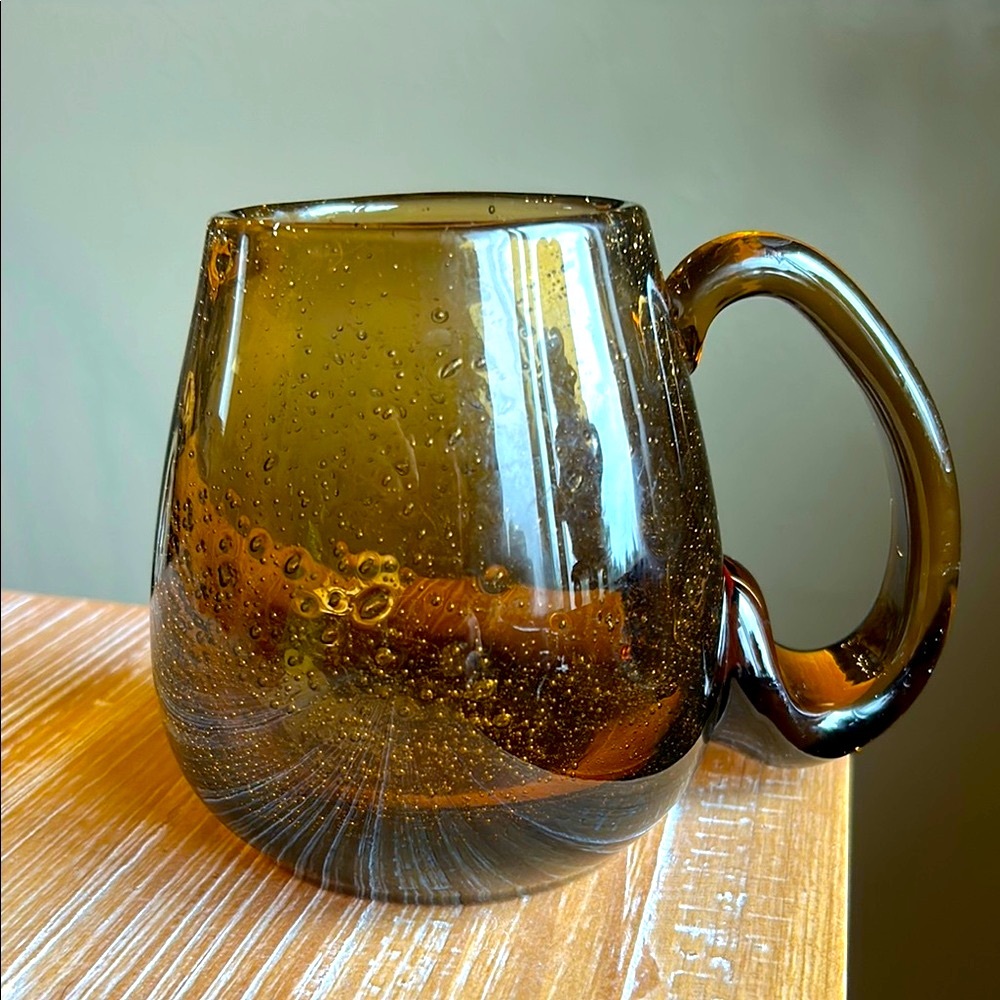Vintage Hand Blown Amber Glass Mug w Bubbles Large Handle Smooth Pontil Heavy